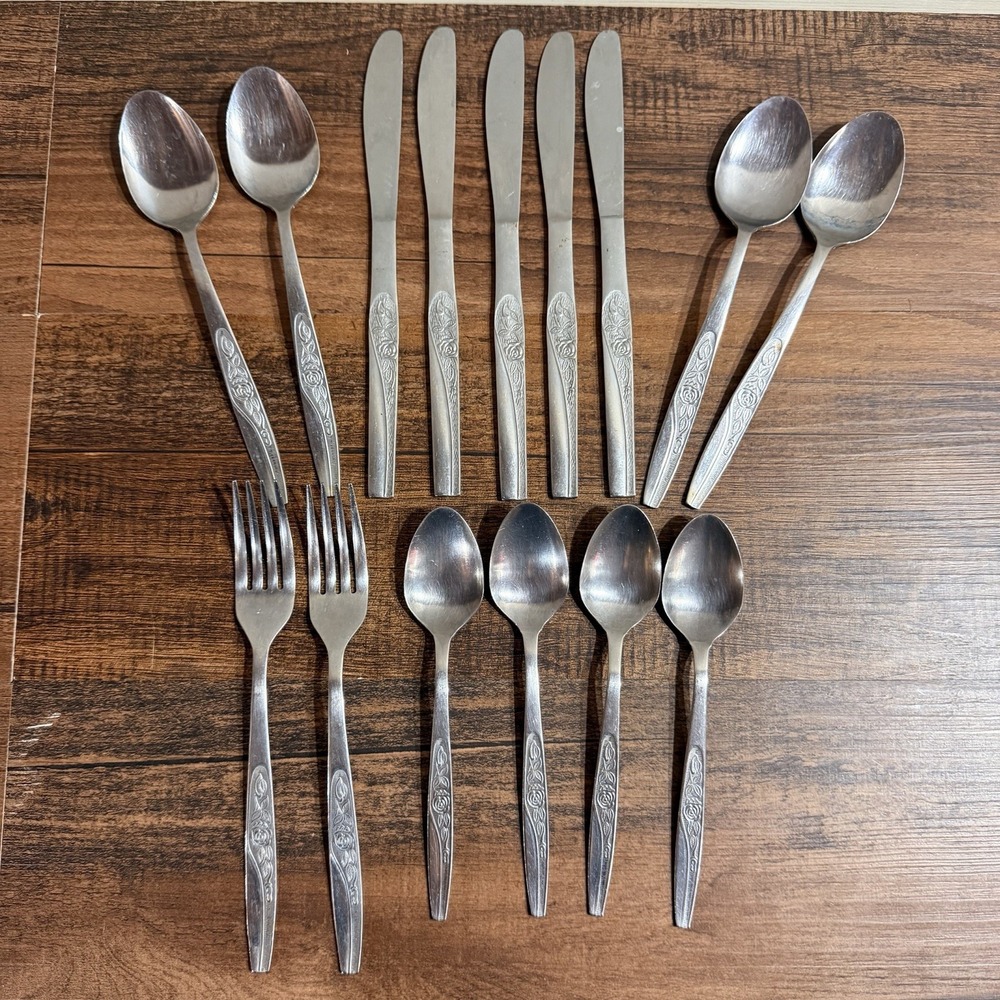 Vintage Single Rose Stainless Flatware Malaysia Interpur Style 15pc Lot